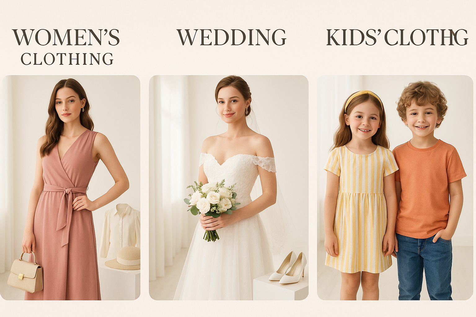 desiged fashion banner with pic of women clothe,weeding and kid